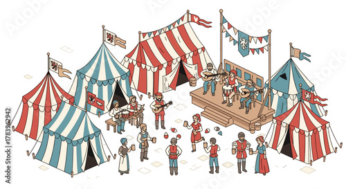 Medieval fairground scene with striped tents and musicians in isometric style