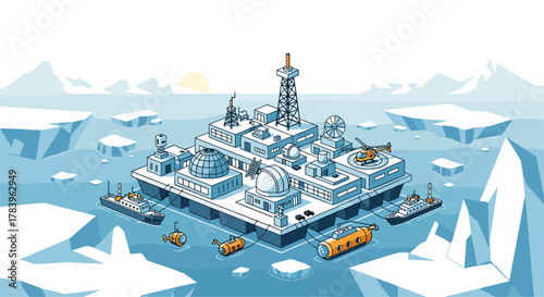 Futuristic arctic research station amidst icebergs with submarines and ships