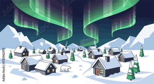 Snowy village under northern lights with polar bear and pine trees