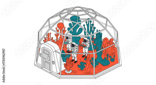 Isometric dome with astronauts exploring alien biosphere environment