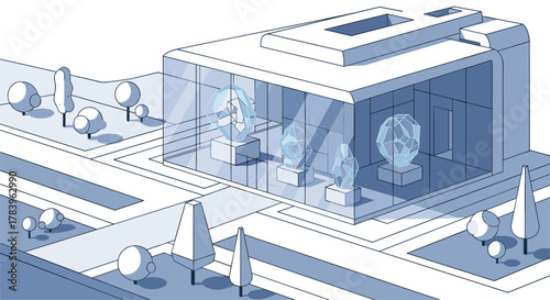 Modern isometric art gallery with geometric sculptures in urban setting