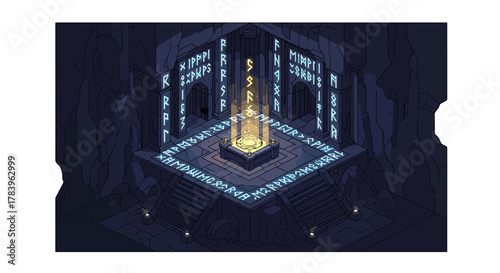 Mystical rune chamber with glowing altar in dark mysterious cave