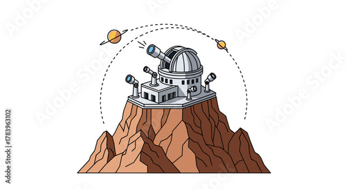 Observatory on mountain with telescopes and planets in linear style