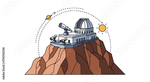 Observatory on mountain with telescopes and celestial bodies in flat style