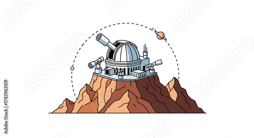 Observatory on rocky mountains with telescopes and planetary orbit in linear style