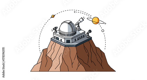 Isometric observatory on mountain with telescopes and space elements
