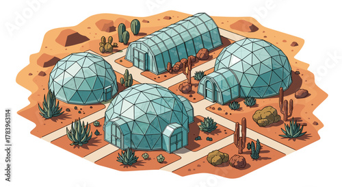 Futuristic dome homes in desert landscape with geodesic design and cacti