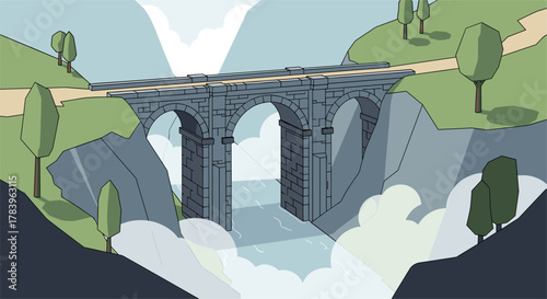 Scenic bridge over misty gorge in minimalist style