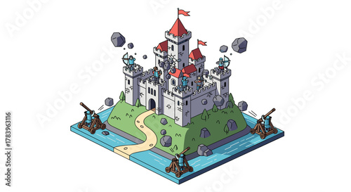 Medieval fortress with catapults and moat in an isometric fantasy style