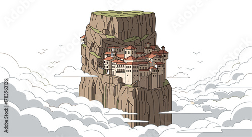 Ancient cliffside monastery above the clouds with detailed architecture