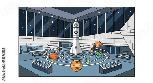 Futuristic space museum with rocket and solar system display in the hall