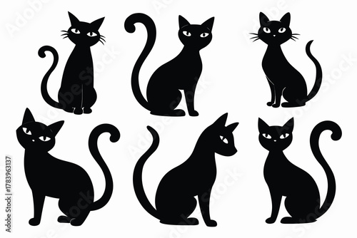 Six sleek black cats are seen in a set of stylized silhouettes