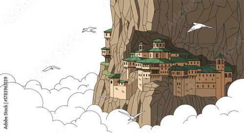 Majestic mountain monastery with birds in flight surrounding ancient cliffside structures