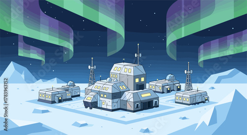 Futuristic arctic research base under northern lights in night landscape