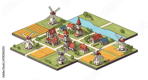Isometric village with windmills and fields in a scenic landscape design