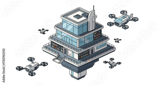 Futuristic skyscraper with drones in isometric design