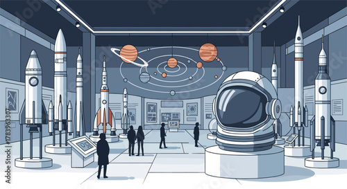 Space museum exhibit with rockets and astronaut helmet in futuristic room
