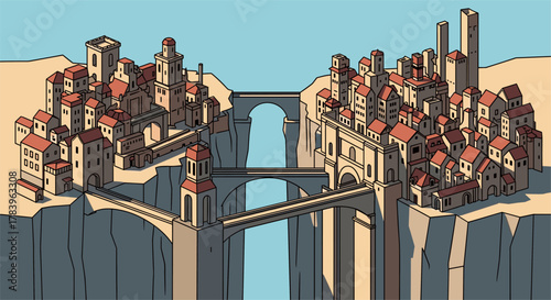 Isometric fantasy cityscape with bridges spanning a canyon
