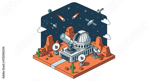 Isometric space observatory with telescopes and satellites under a starry night sky