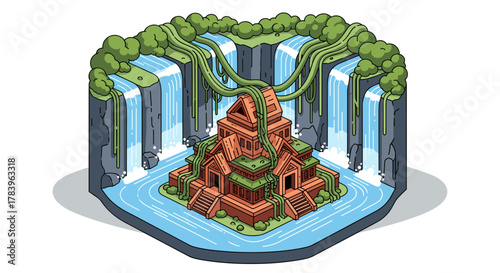Ancient jungle temple with surrounding waterfalls in isometric style
