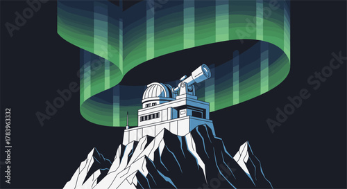 Observatory under northern lights on mountain peak in bold futurist style