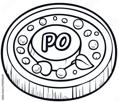 Outline of a cartoon coin with the letters PO inside a central oval and decorative circles and leaves
