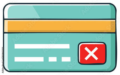 Cartoon credit card with cancel sign. Payment denied or rejected concept.