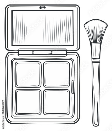 Makeup palette and brush in black and white sketch illustration