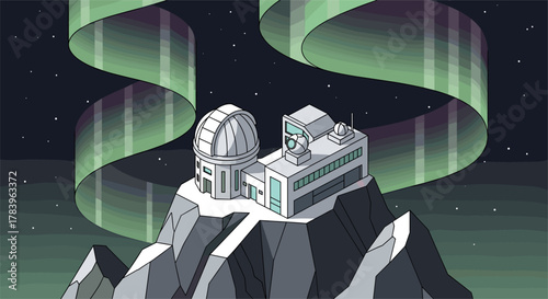 Observatory on mountain peak under northern lights in night sky