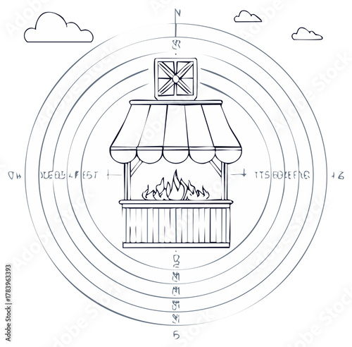 Mystical Well with Fire Flames, Compass, Clouds, Geometric Ornaments, and Concentric Circles Illustration