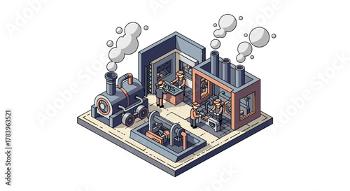 Isometric vintage factory with workers and machines in industrial setting