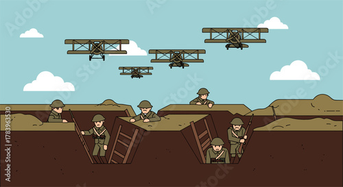World war soldiers in trenches with airplanes in sky