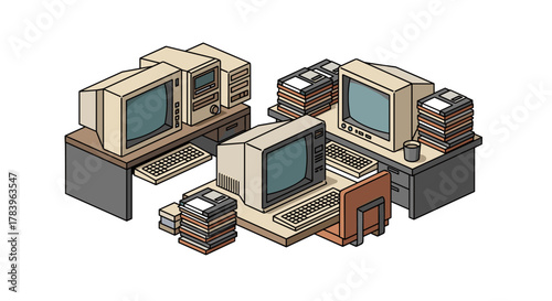 Retro computer workstation setup with vintage pcs and stacks of books