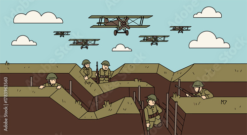 World war one soldiers and biplanes in trench warfare scene