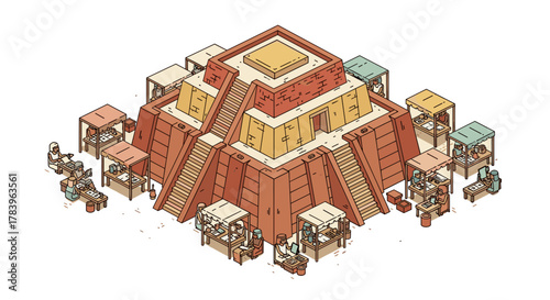 Aztec pyramid with office workstations in isometric style