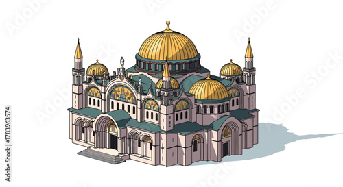 Historic byzantine architecture with golden domes in isometric design