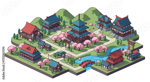 Isometric traditional japanese village with cherry blossoms and pagodas