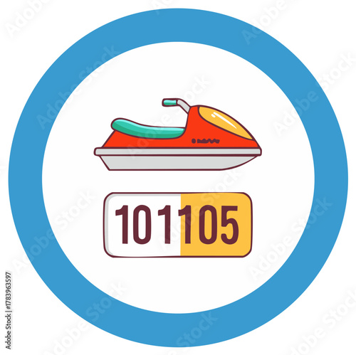 Illustration of a red jet ski with a numerical decal inside a blue circle