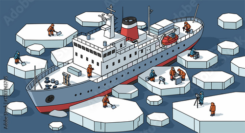 Icebreaker ship navigating arctic waters with researchers exploring ice floes