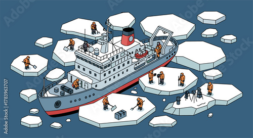 Isometric arctic exploration scene with researchers and icebreaker ship in icy waters
