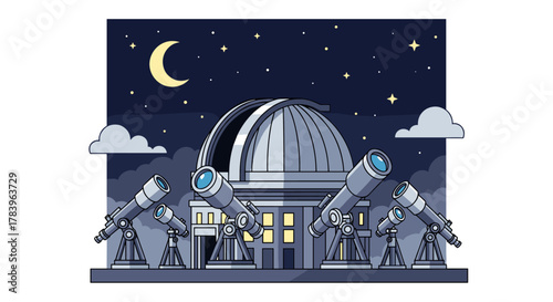 Observatory dome with telescopes under starry night sky