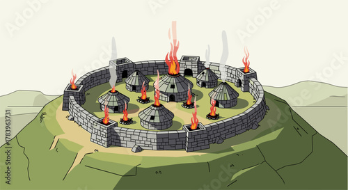 Ancient circular fortress with burning towers on hilltop