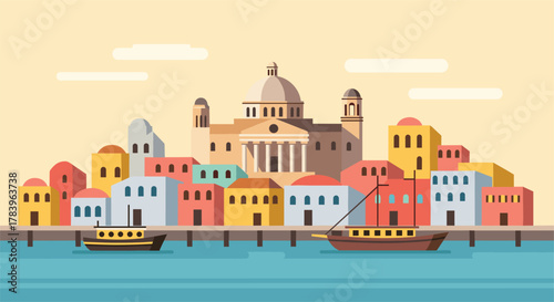 Colorful mediterranean townscape with boats and historic architecture in flat design