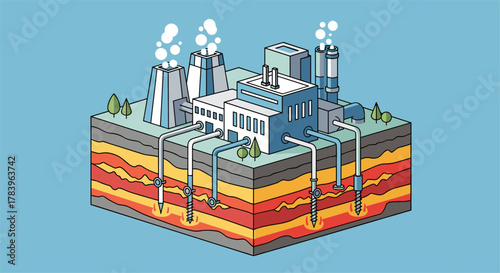 Geothermal energy plant isometric design with detailed underground layers