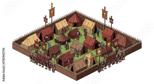 Medieval isometric military camp with tents and soldiers in armor