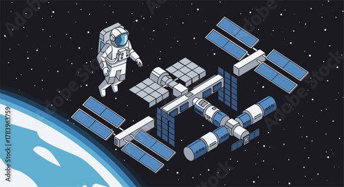 Astronaut spacewalk near international space station in isometric view