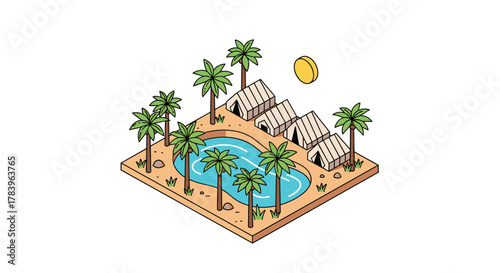 Tropical oasis with palm trees and huts in isometric style
