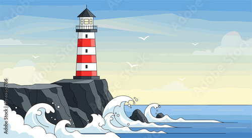 Coastal lighthouse with waves and seagulls in scenic ocean landscape