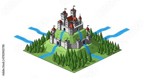 Isometric medieval castle on hill surrounded by forest and river