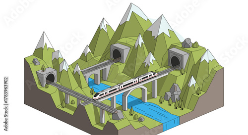 Isometric landscape with train crossing bridges in mountain scenery with tunnels and river